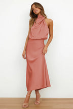 Rosa Satin-Look Halter Maxi Dress with Cowl Neckline in Salmon