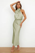 Rosa Satin-Look Halter Maxi Dress with Cowl Neckline in Light Green