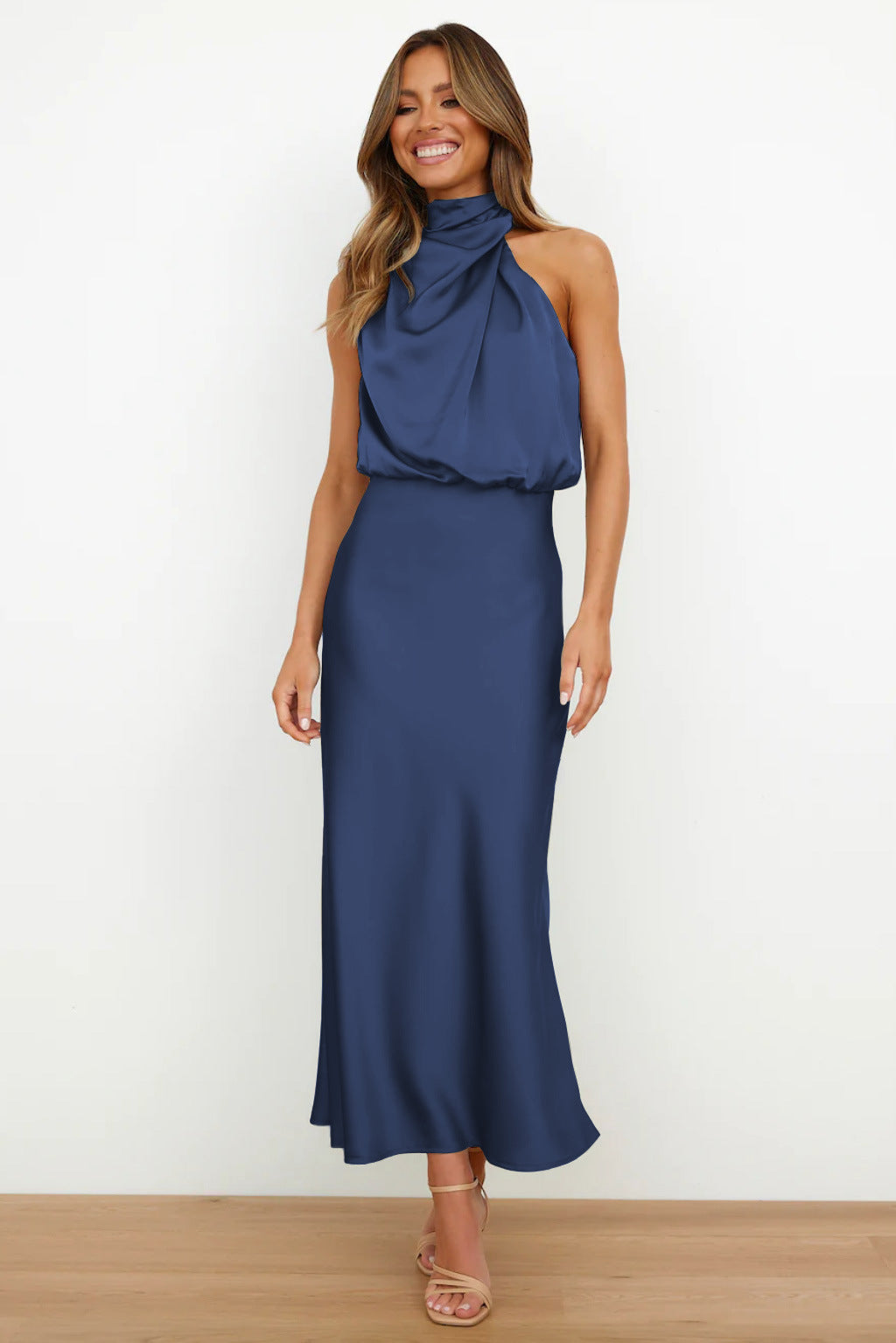 Rosa Satin-Look Halter Maxi Dress with Cowl Neckline in Navy