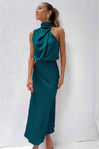 Rosa Satin-Look Halter Maxi Dress with Cowl Neckline in Teal Blue