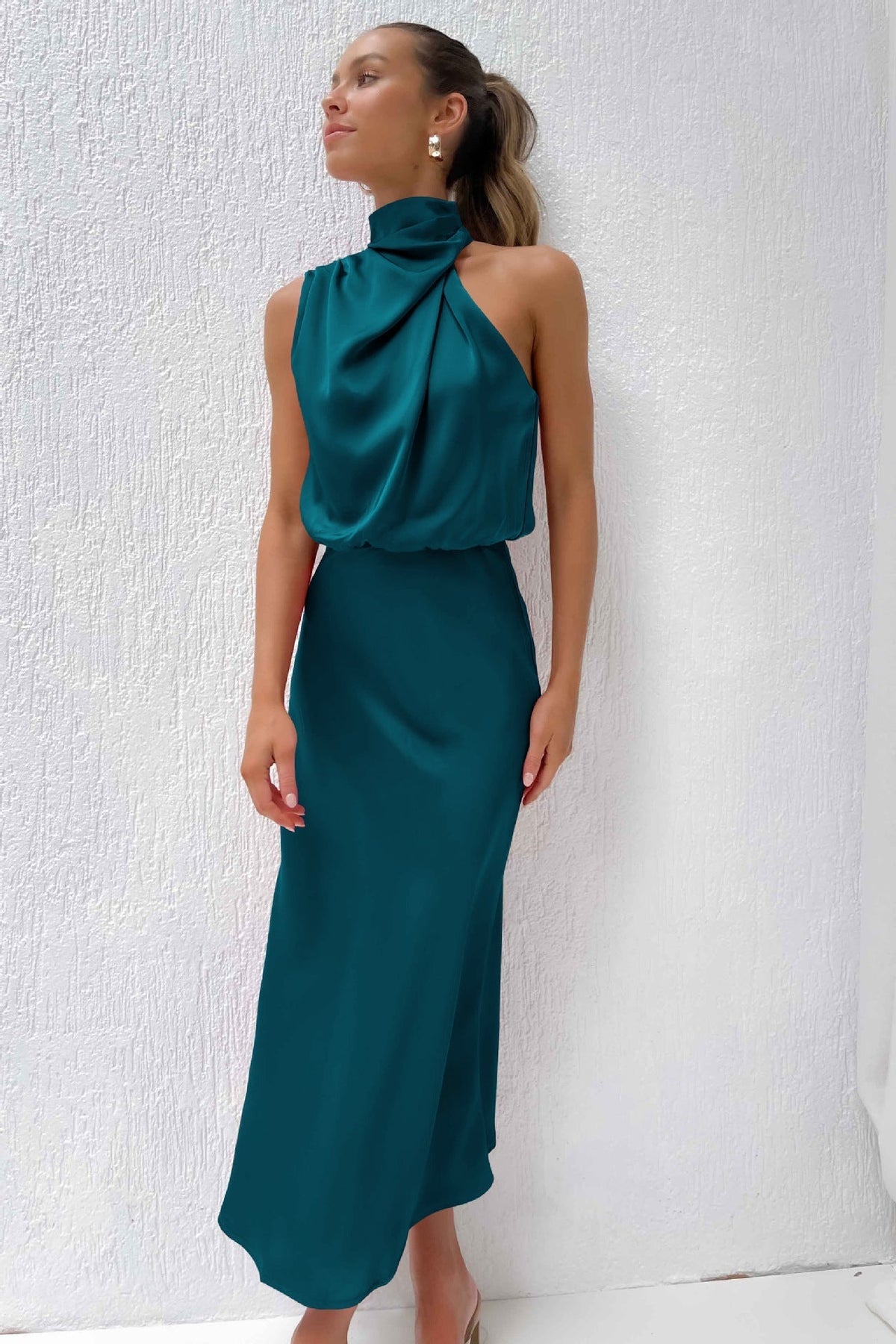 Rosa Satin-Look Halter Maxi Dress with Cowl Neckline in Teal Blue
