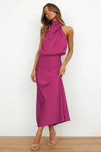 Rosa Satin-Look Halter Maxi Dress with Cowl Neckline in Pink