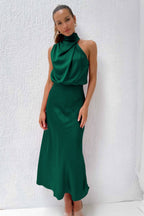 Rosa Satin-Look Halter Maxi Dress with Cowl Neckline in Green