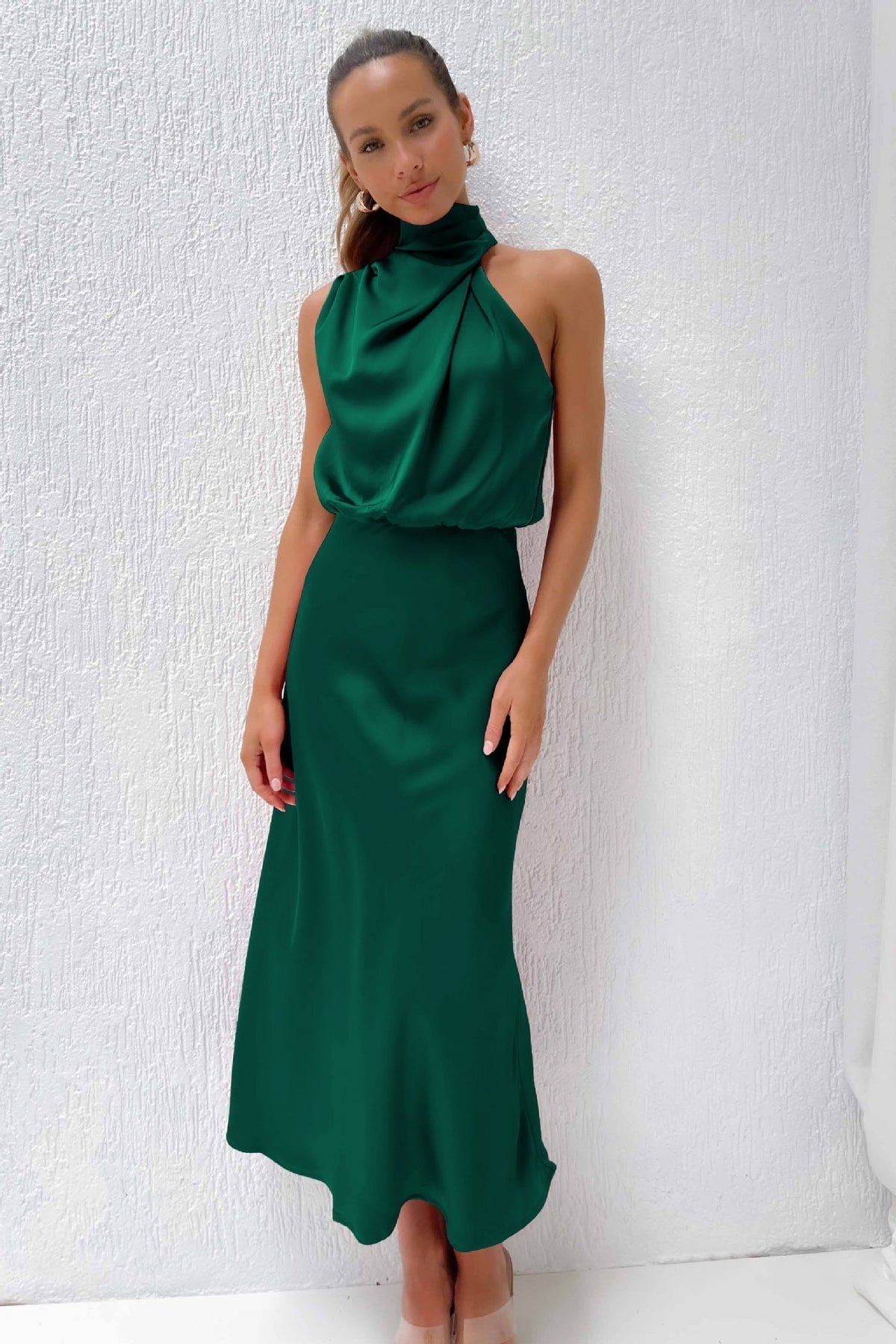 Rosa Satin-Look Halter Maxi Dress with Cowl Neckline in Green