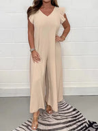 Sabrina Wide Leg Jumpsuit with V-Neck and Ruffle Sleeves in Beige
