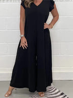 Sabrina Wide Leg Jumpsuit with V-Neck and Ruffle Sleeves in Black