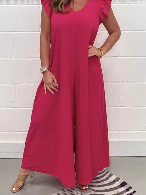 Sabrina Wide Leg Jumpsuit with V-Neck and Ruffle Sleeves in Pink