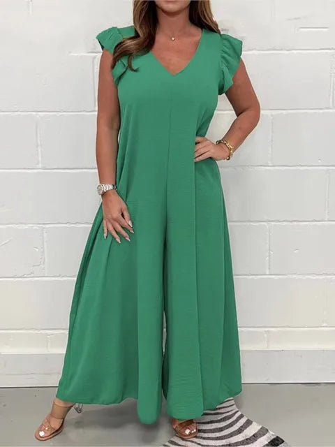 Sabrina Wide Leg Jumpsuit with V-Neck and Ruffle Sleeves in Green