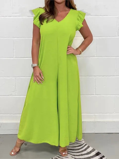 Sabrina Wide Leg Jumpsuit with V-Neck and Ruffle Sleeves in Yellow Green