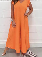 Sabrina Wide Leg Jumpsuit with V-Neck and Ruffle Sleeves in Orange