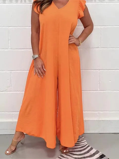 Sabrina Wide Leg Jumpsuit with V-Neck and Ruffle Sleeves in Orange