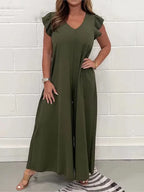 Sabrina Wide Leg Jumpsuit with V-Neck and Ruffle Sleeves in Dark Green