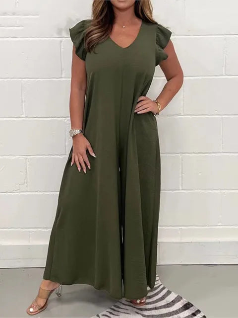 Sabrina Wide Leg Jumpsuit with V-Neck and Ruffle Sleeves in Dark Green