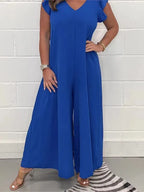 Sabrina Wide Leg Jumpsuit with V-Neck and Ruffle Sleeves in Blue