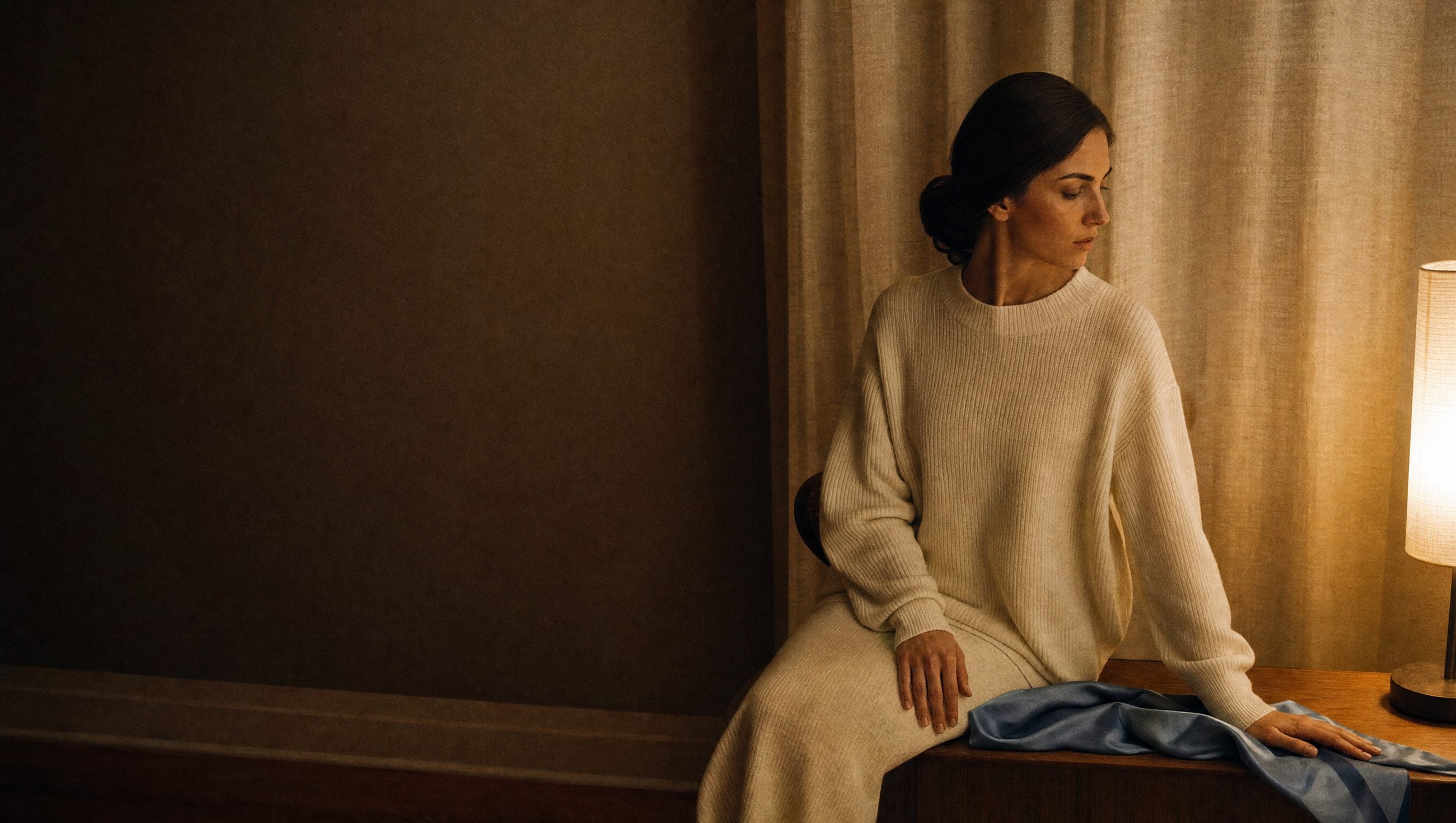 A woman in an ivory knit seated in a warm, lamp-lit evening interior