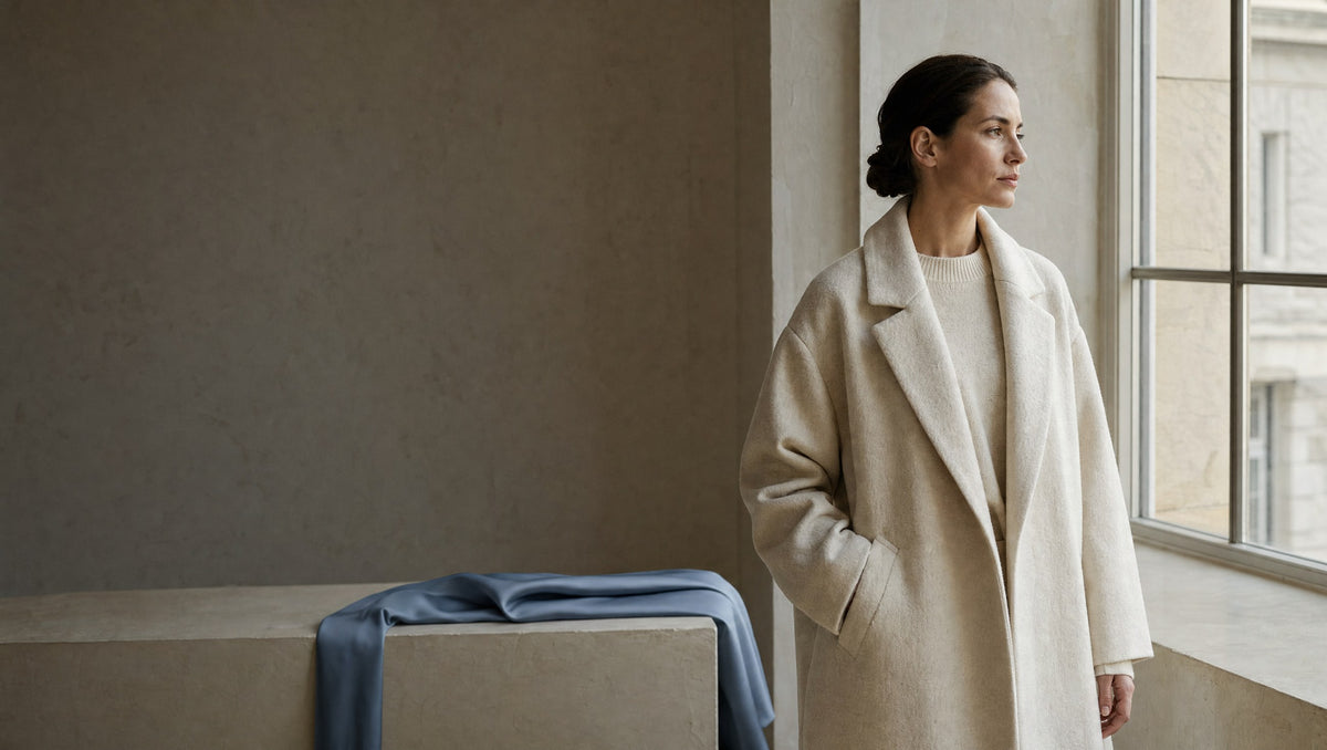 A woman in a cream wool-look coat beside a tall window in a quiet plaster gallery room