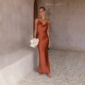 Satin Cowl Neck Slip Maxi Dress with Thin Straps in Brown