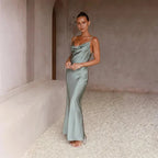 Satin Cowl Neck Slip Maxi Dress with Thin Straps in Light Green