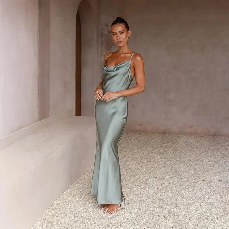 Satin Cowl Neck Slip Maxi Dress with Thin Straps in Light Green