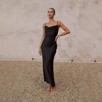 Satin Cowl Neck Slip Maxi Dress with Thin Straps in Black