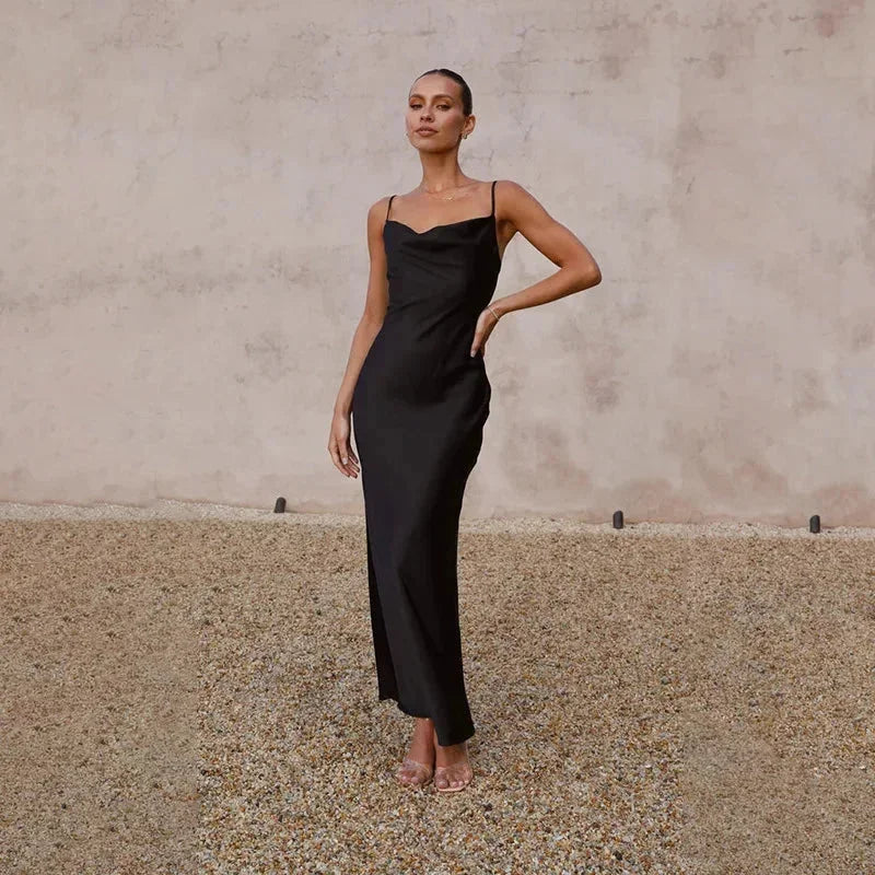 Satin Cowl Neck Slip Maxi Dress with Thin Straps in Black