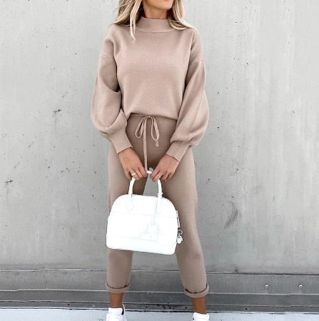Sienna Knitted Set with Turtleneck Top and Jogger Trousers in Khaki