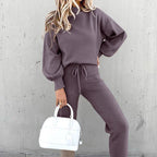 Sienna Knitted Set with Turtleneck Top and Jogger Trousers in Purple
