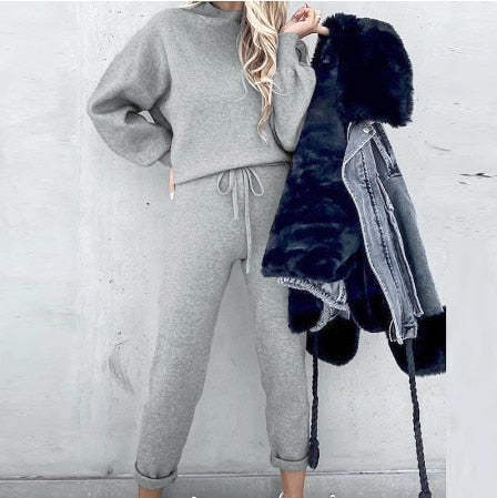 Sienna Knitted Set with Turtleneck Top and Jogger Trousers in Grey