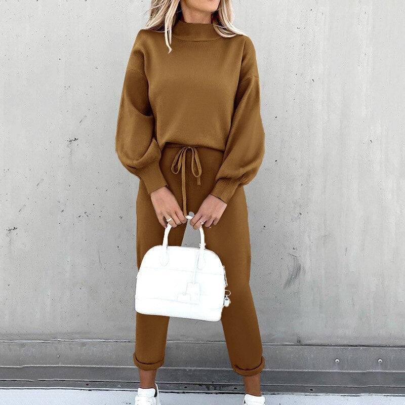 Sienna Knitted Set with Turtleneck Top and Jogger Trousers in Brown