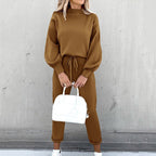 Sienna Knitted Set with Turtleneck Top and Jogger Trousers in Brown