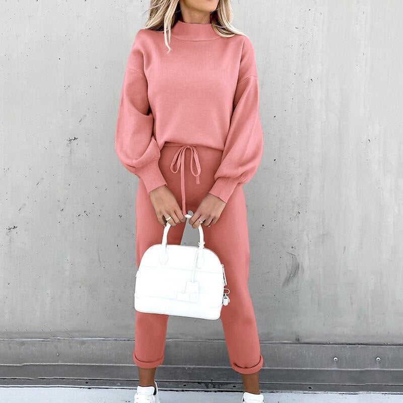 Sienna Knitted Set with Turtleneck Top and Jogger Trousers in Pink