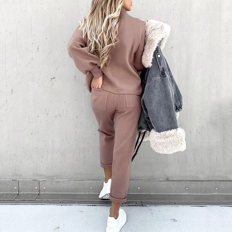Sienna Knitted Set with Turtleneck Top and Jogger Trousers in Cream