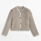 Sienna Teddy-Look Cardigan with Round Neck and Buttons in Khaki