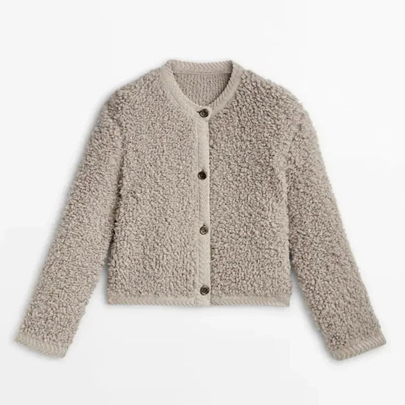 Sienna Teddy-Look Cardigan with Round Neck and Buttons in Khaki