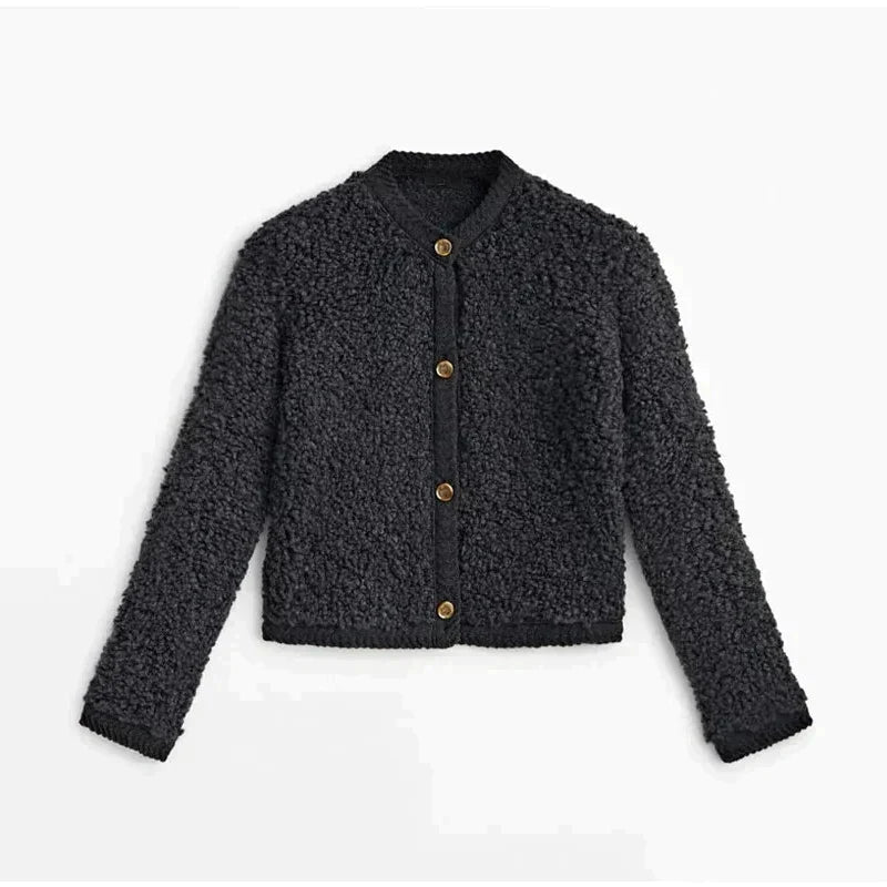 Sienna Teddy-Look Cardigan with Round Neck and Buttons in Black
