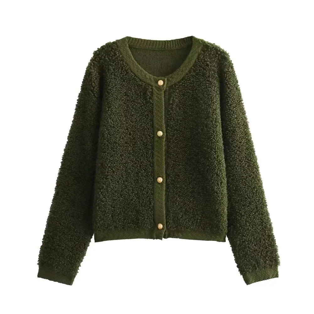 Sienna Teddy-Look Cardigan with Round Neck and Buttons in Green