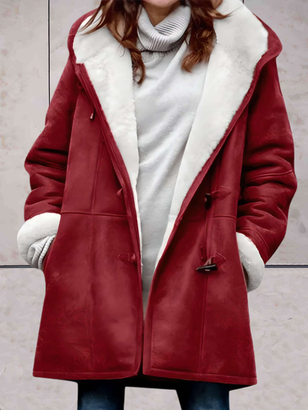 Women's Hooded Suede-Look Coat in Wine Red