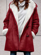 Women's Hooded Suede-Look Coat in Wine Red