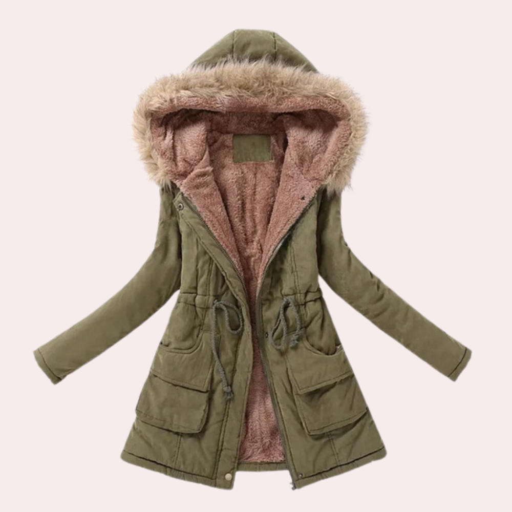 Solange Hooded Parka with Fur-Look Trim and Drawcord in Army Green