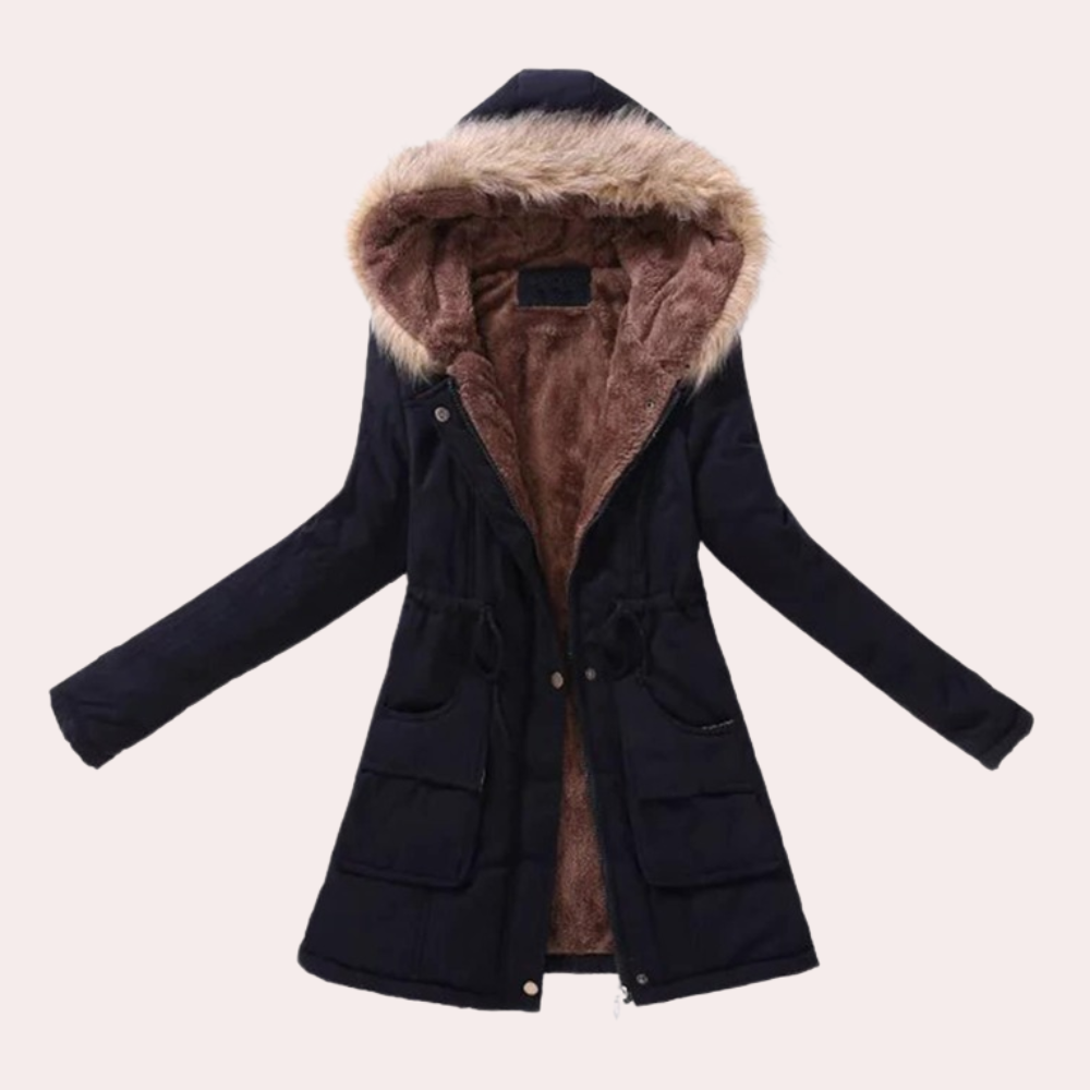 Solange Hooded Parka with Fur-Look Trim and Drawcord in Black