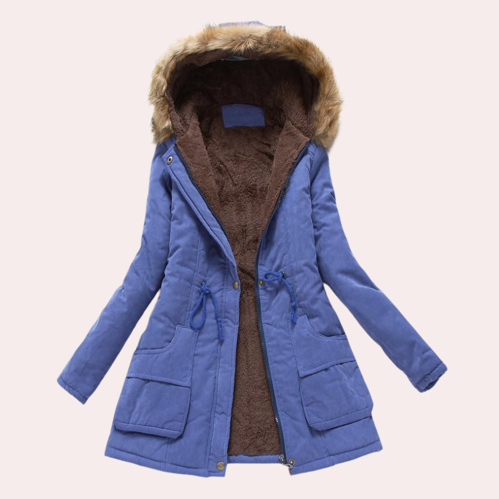 Solange Hooded Parka with Fur-Look Trim and Drawcord in Blue