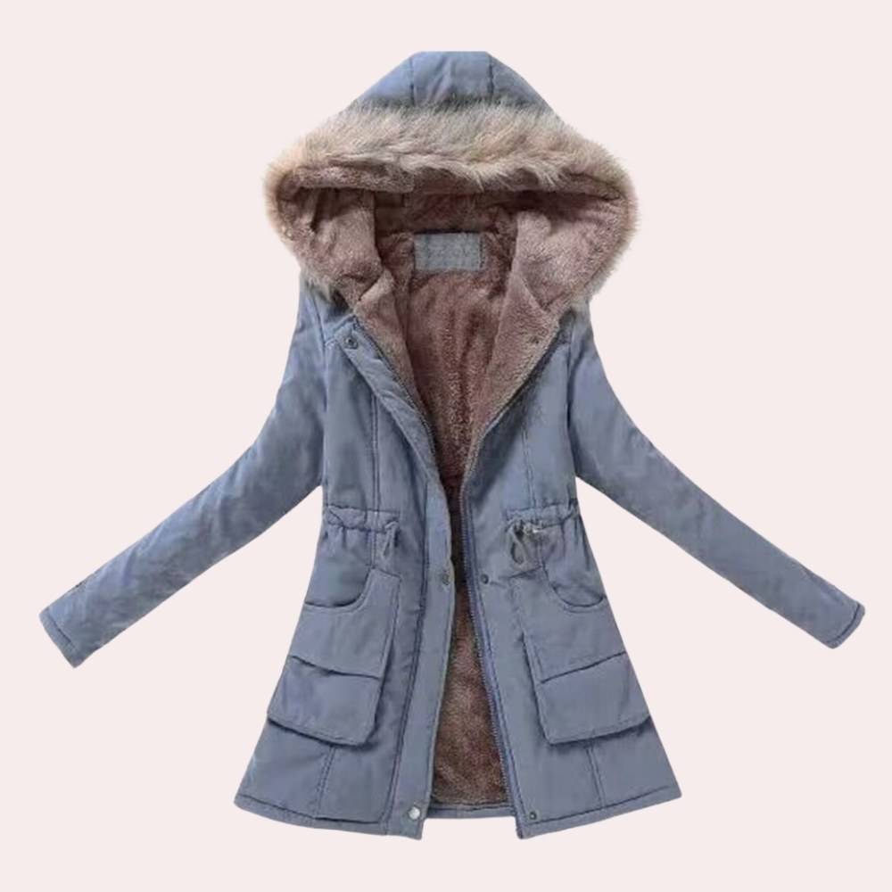 Solange Hooded Parka with Fur-Look Trim and Drawcord in Denim Blue