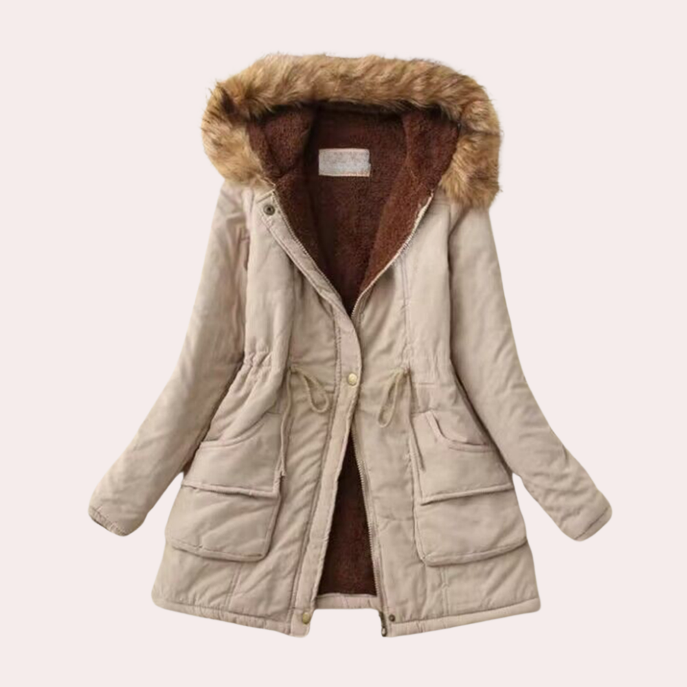 Solange Hooded Parka with Fur-Look Trim and Drawcord in Khaki