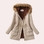 Solange Hooded Parka with Fur-Look Trim and Drawcord in Khaki