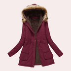 Solange Hooded Parka with Fur-Look Trim and Drawcord in Wine Red