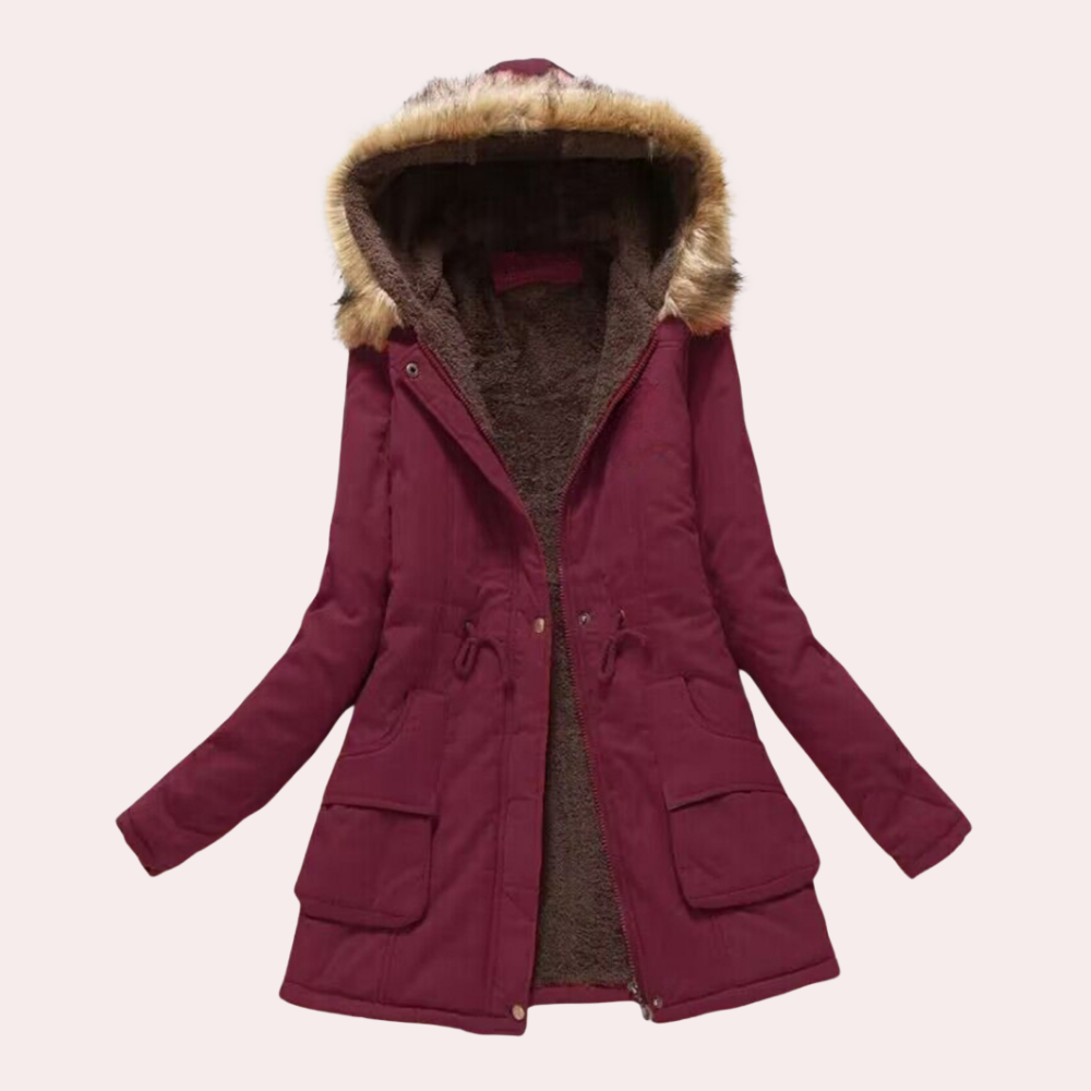 Solange Hooded Parka with Fur-Look Trim and Drawcord in Wine Red