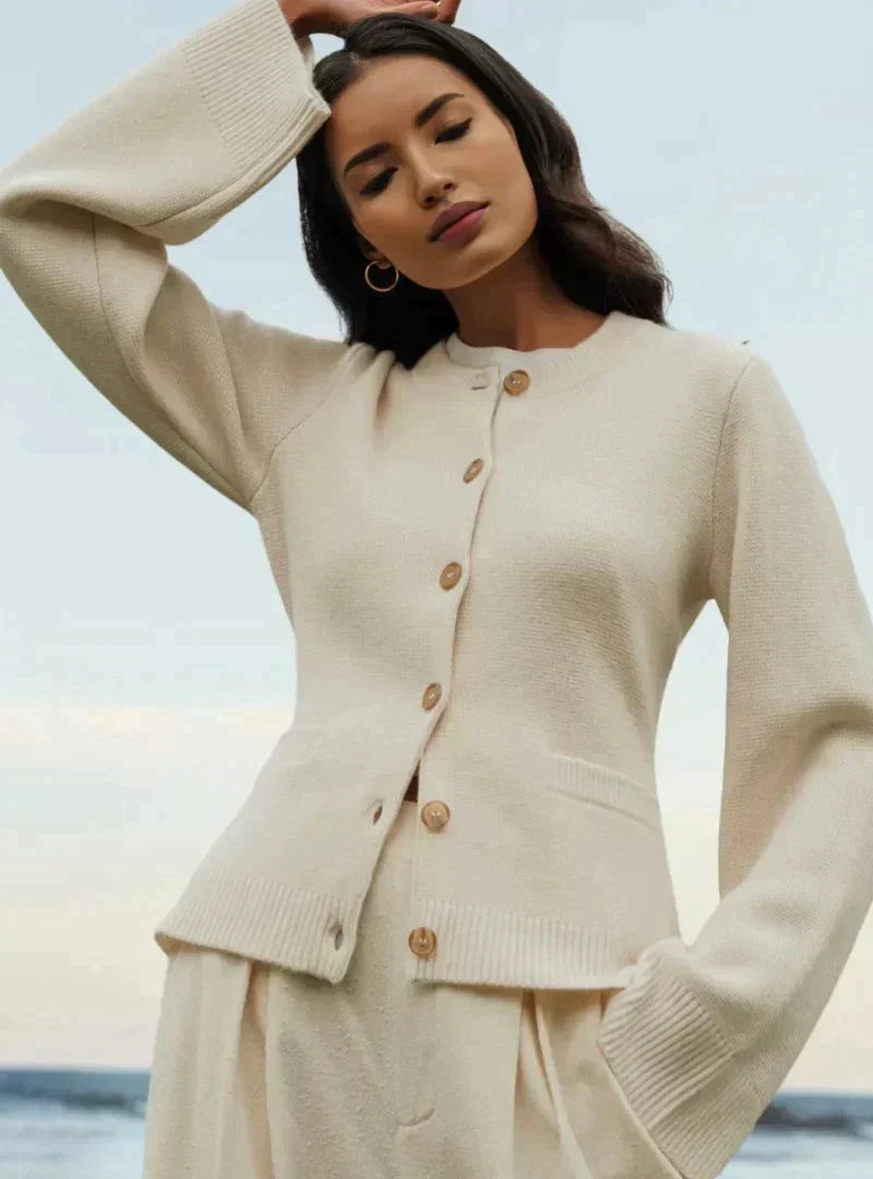 Stella Button-Front Cardigan with Wide Sleeves in Beige
