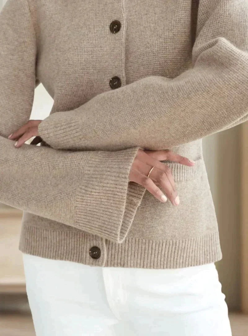 Stella Button-Front Cardigan with Wide Sleeves in Khaki