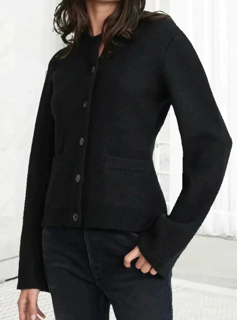 Stella Button-Front Cardigan with Wide Sleeves in Black