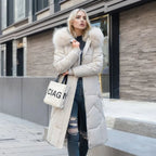 Tahlia Longline Puffer Coat with Fur-Look Hood Trim in White